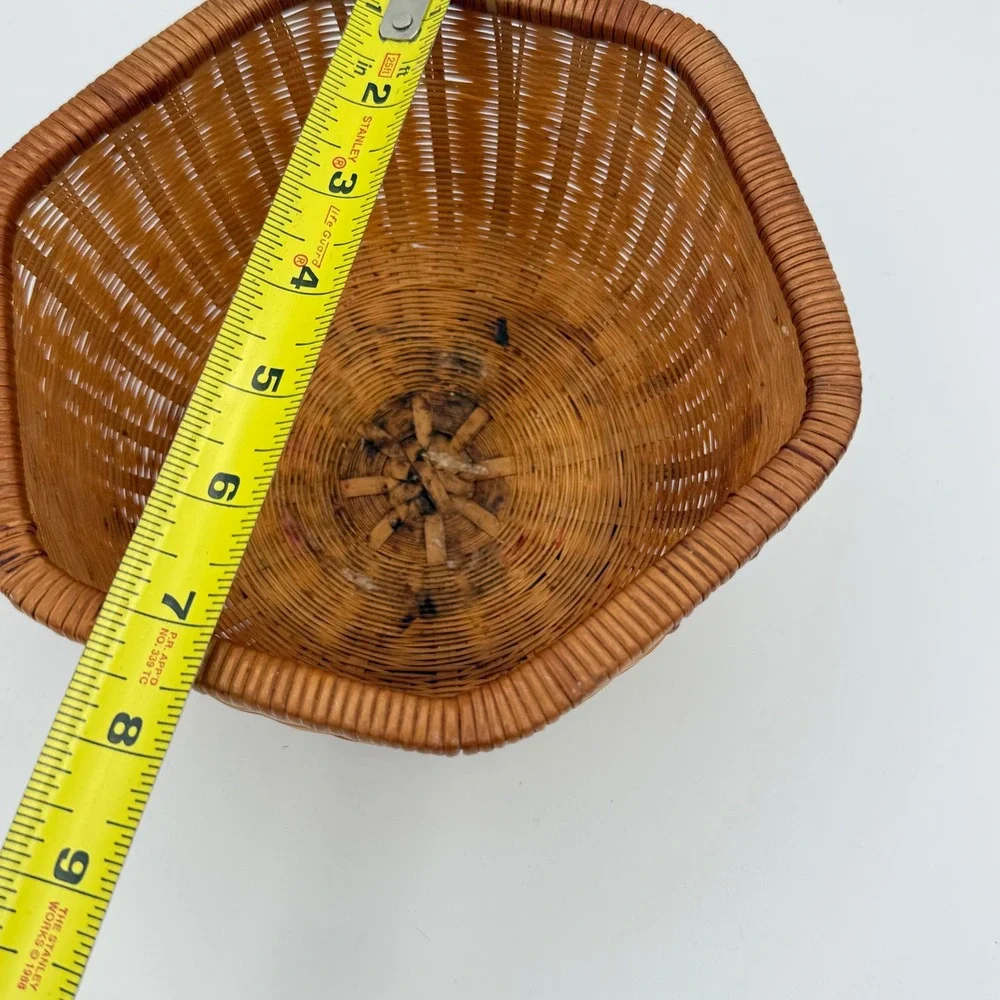 Vintage woven Wicker Basket Brown Boho Hexagonal Storage Decor Cottagecore